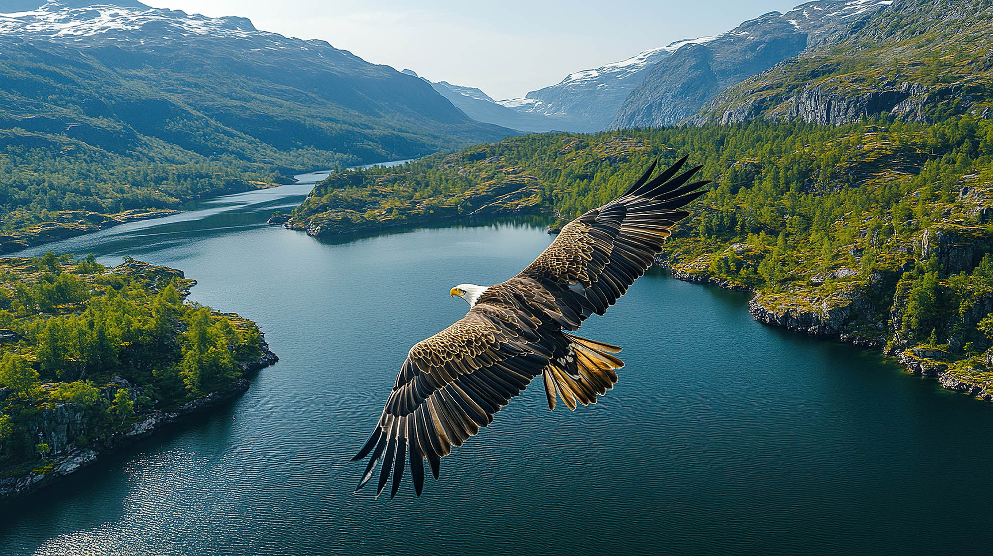 Eagle soaring over valley with lake